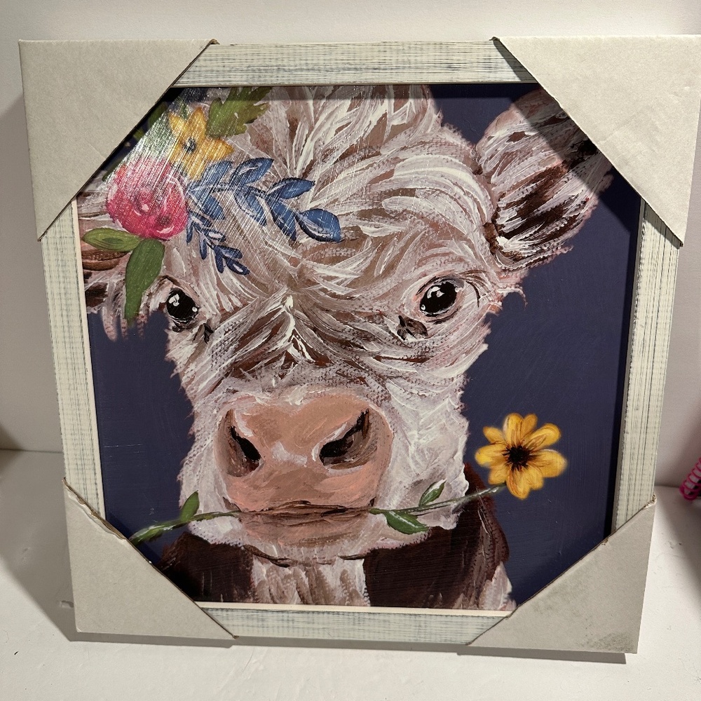 Farmhouse Cow Wall Art Distressed Frame Spring Decor NEW